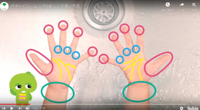 洗い残しの多い部分を丸で記した、子どもの両手のひらの動画キャプチャー画像