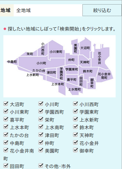 上部に町名で区切られている小平市の地図、下部に町名ごとのチェックボックスが表示されている、検索結果絞り込みの画面