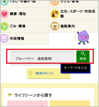 検索キーワード入力欄に、ブルーベリー、栽培発祥と入力してある画像
