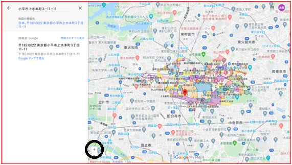 グーグルマップの左下にある拡大ボタンをクリックして地図を大きくする。