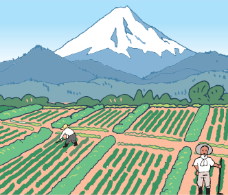 畑作業をする人と富士山