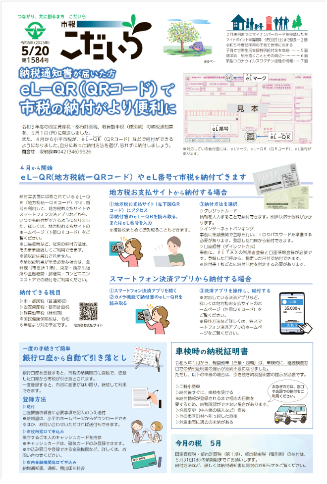 市報こだいら5月20日号1面の表紙です。