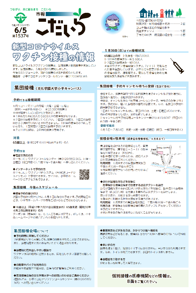 市報こだいら6月5日号1面の表紙です。