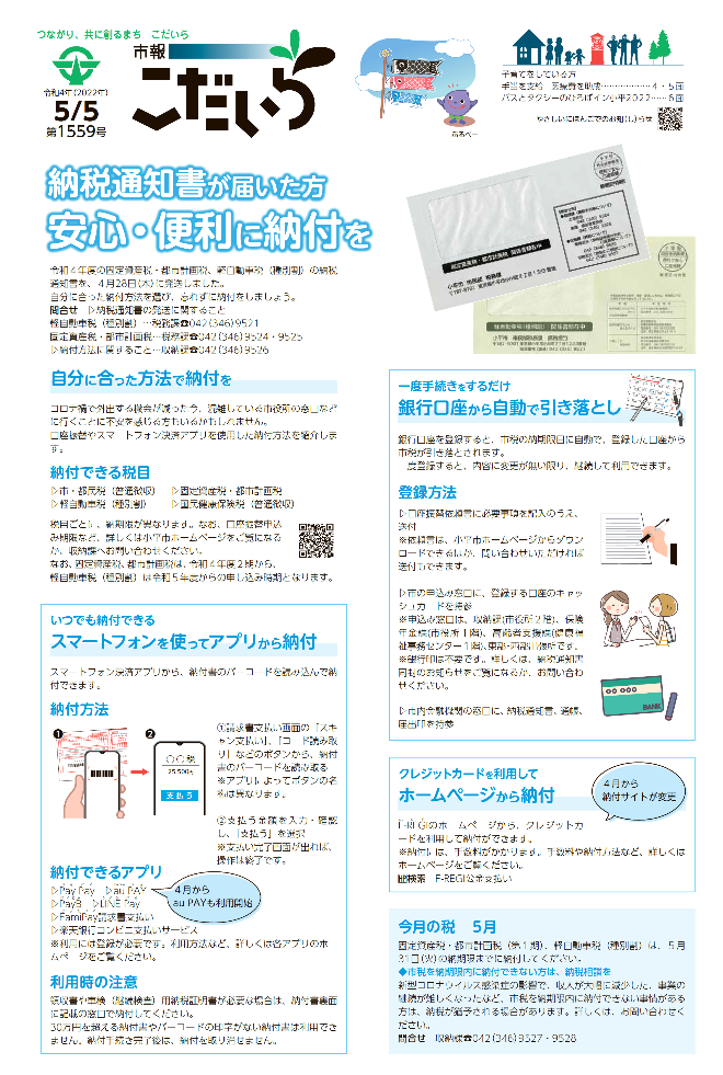 市報こだいら5月5日号1面の表紙です。