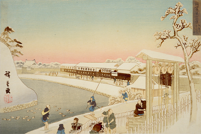 江戸城のお堀とその周辺に雪が積もった錦絵の画像